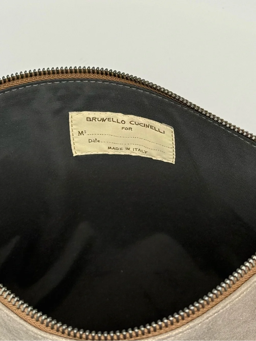 Brunello Cucinelli Metallic Suede Leather Zip Pouch Clutch Taupe Beige Italy Lux